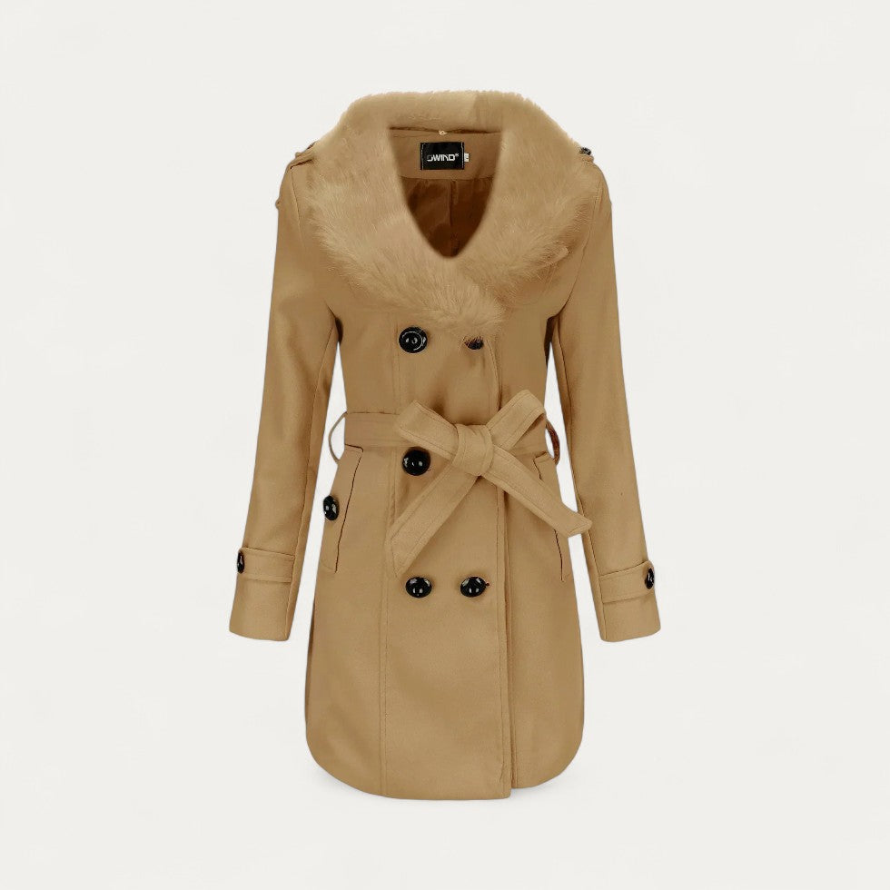 Women’s Double-Breasted Belted Trench Coat with Faux Fur Collar 2