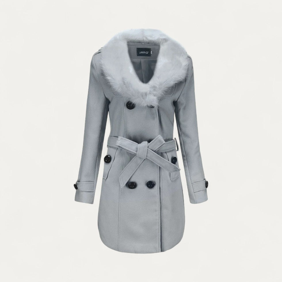 Women’s Double-Breasted Belted Trench Coat with Faux Fur Collar 3