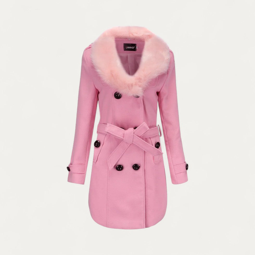 Women’s Double-Breasted Belted Trench Coat with Faux Fur Collar 4