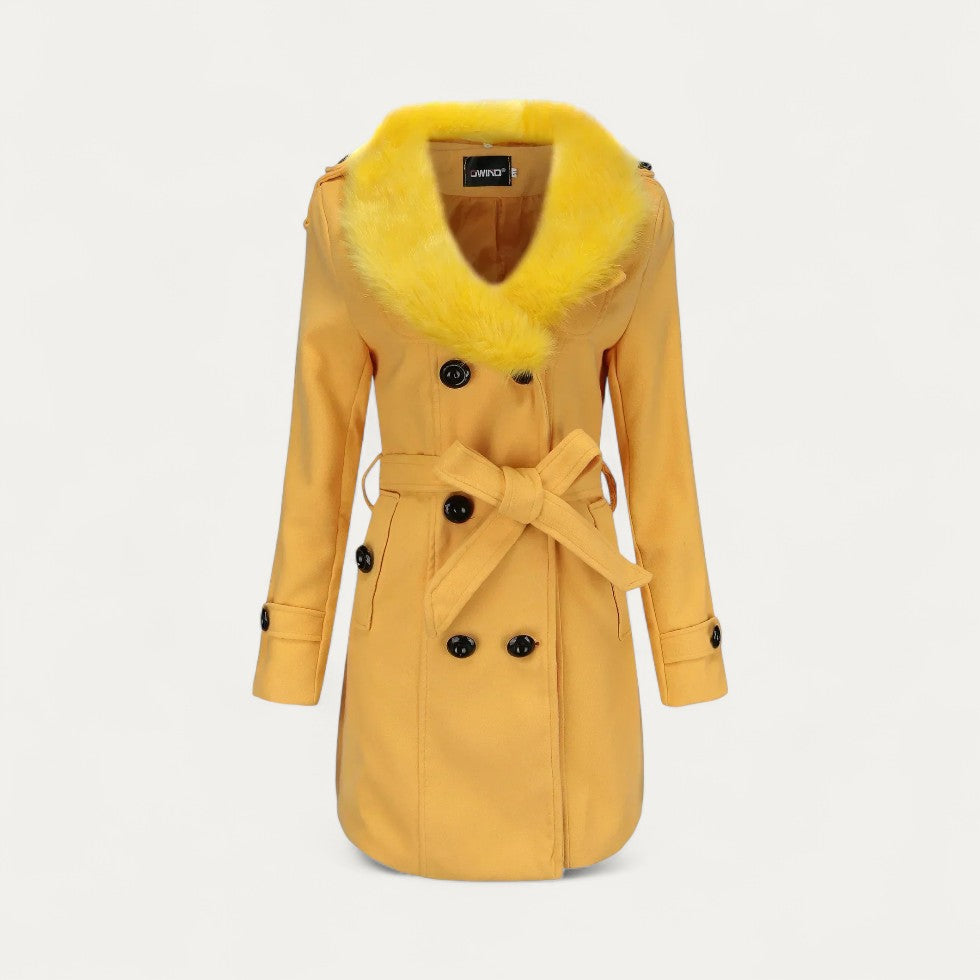 Women’s Double-Breasted Belted Trench Coat with Faux Fur Collar 5
