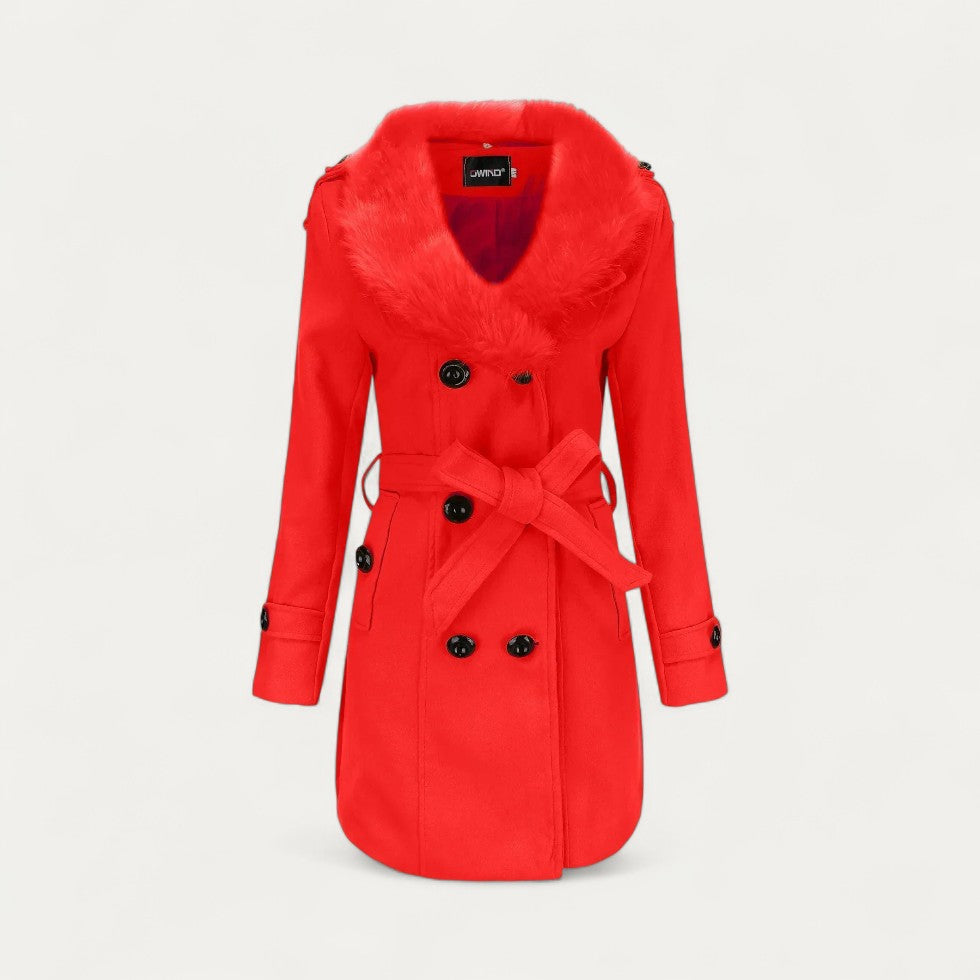 Women’s Double-Breasted Belted Trench Coat with Faux Fur Collar 6