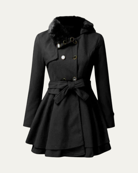 Women’s Double-Breasted Belted Winter Coat – Fur Collar Elegance 0