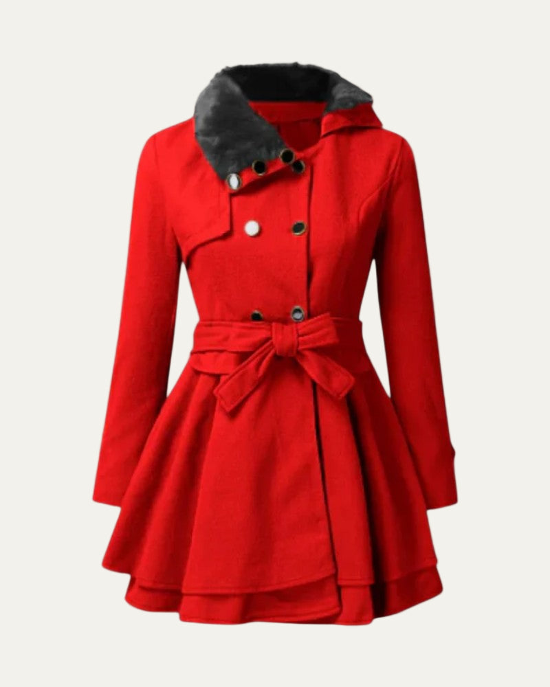 Women’s Double-Breasted Belted Winter Coat – Fur Collar Elegance 1