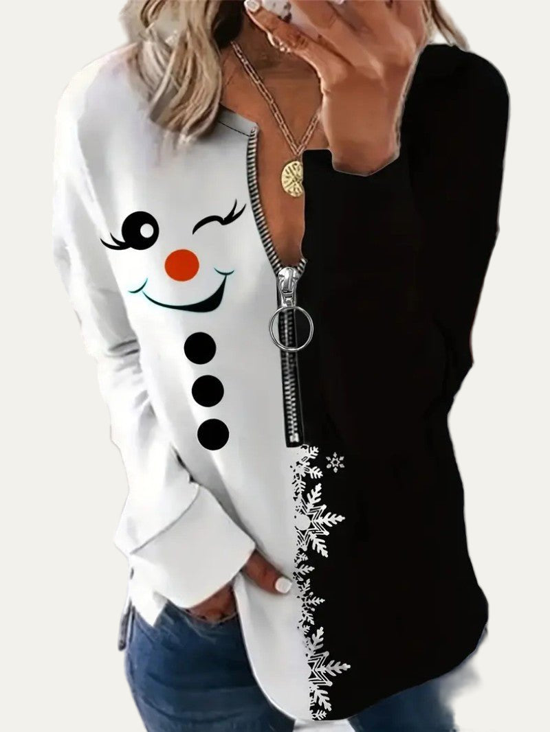 Women’s Elegant Christmas Snowman Zipper Sweatshirt 1
