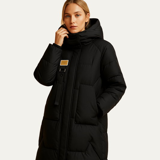 VogeLuxe | Women’s Long Puffer Coat with Hood and Concealed Front