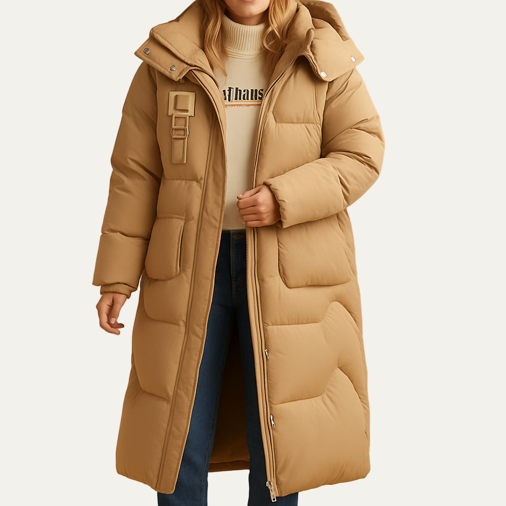 VogeLuxe | Women’s Long Puffer Coat with Hood and Concealed Front
