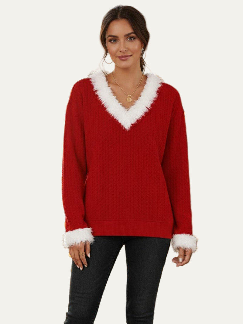 Women’s Faux Fur Trim V-Neck Christmas Sweater 0