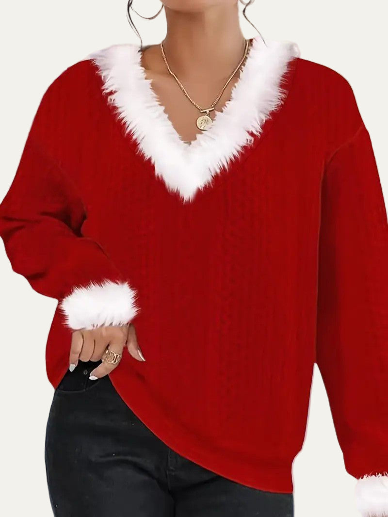 Women’s Faux Fur Trim V-Neck Christmas Sweater 1