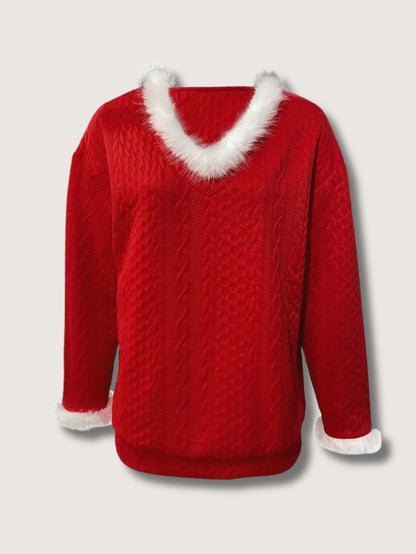 Women’s Faux Fur Trim V-Neck Christmas Sweater 2