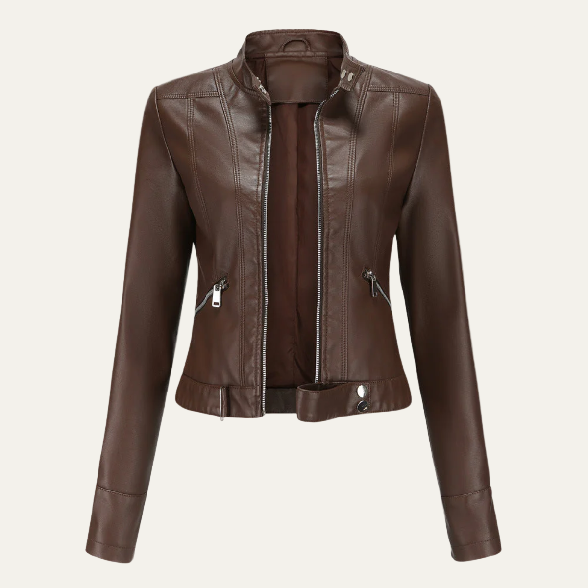 Women’s Faux Leather Biker Jacket – Tailored Short Zip-Up Design 2