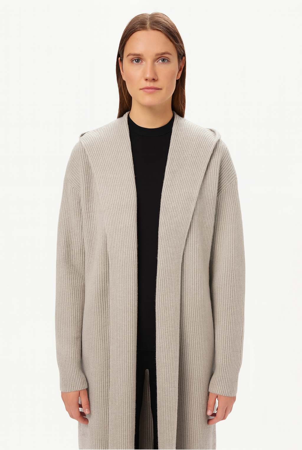 Women’s Hooded Midi Cardigan – Open Front Longline Knit Layer 0