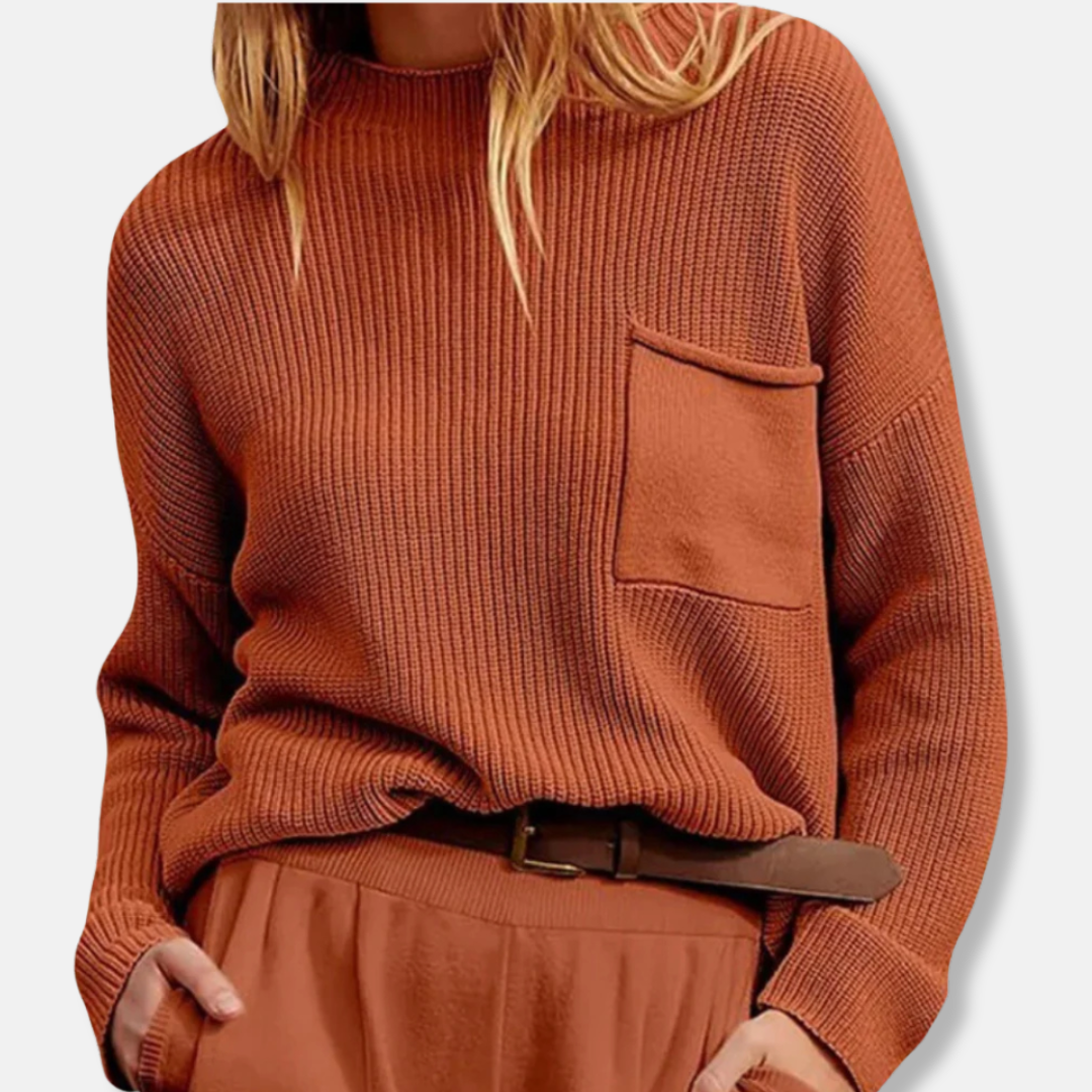 Women’s Knit Sweater – Ribbed Texture – Relaxed Fit – Round Neck – Long Sleeve – Patch Pocket 1