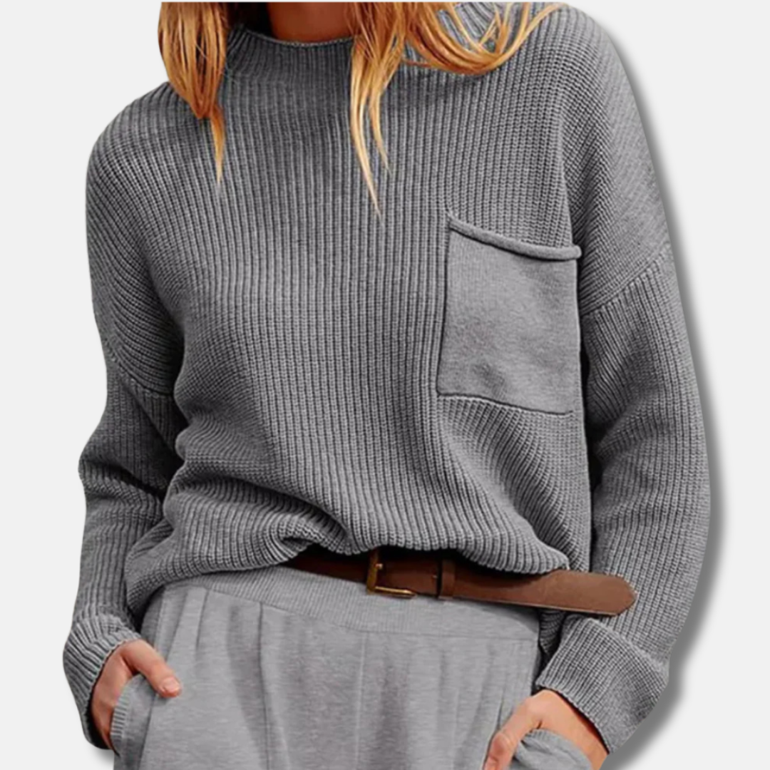 Women’s Knit Sweater – Ribbed Texture – Relaxed Fit – Round Neck – Long Sleeve – Patch Pocket 2