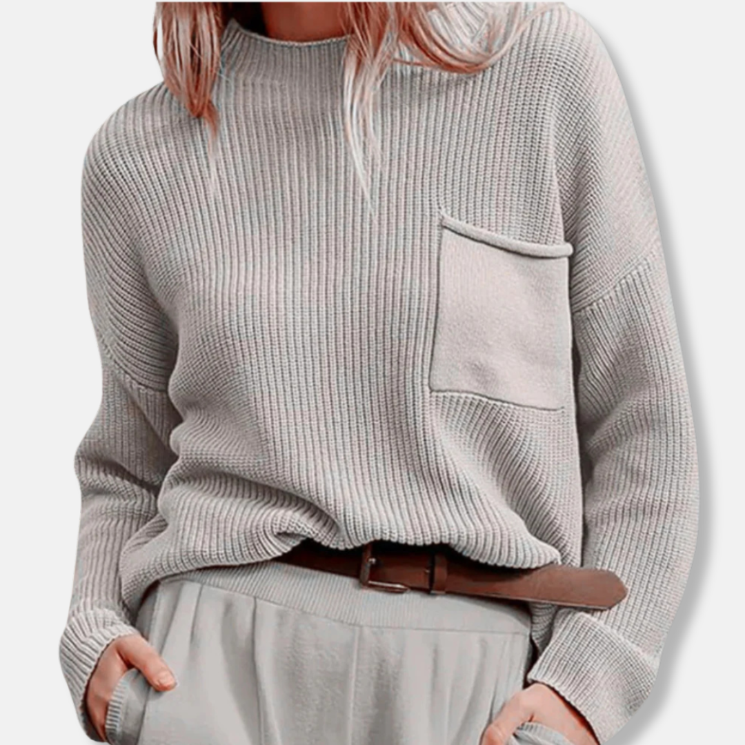 Women’s Knit Sweater – Ribbed Texture – Relaxed Fit – Round Neck – Long Sleeve – Patch Pocket 4