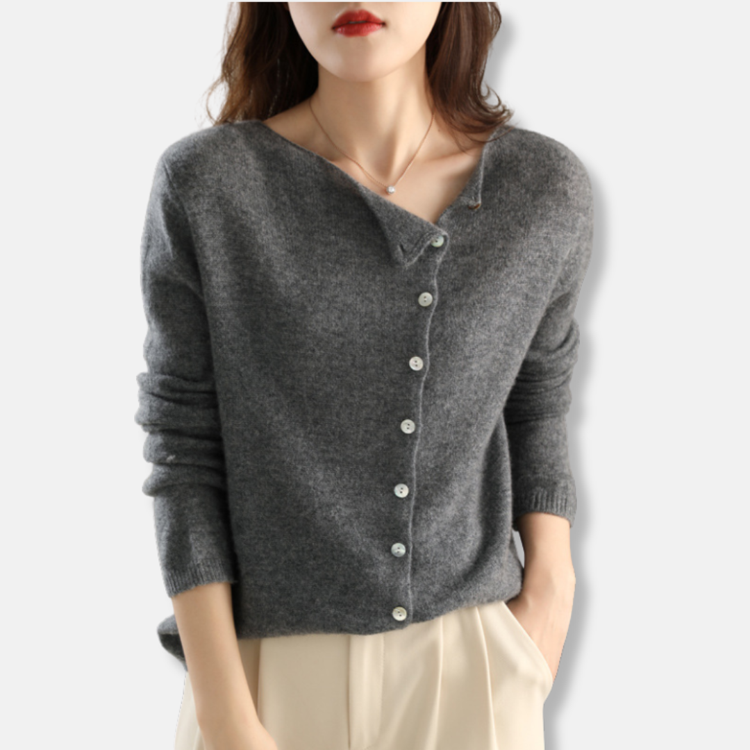 Women’s Knitted Cardigan – Relaxed Fit – Wool Blend – Asymmetrical Buttons – Ribbed Cuffs 1