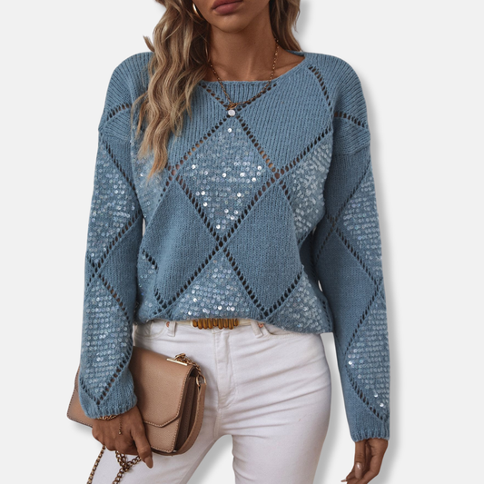 Women’s Knitted Sweatshirt – Relaxed Fit – Diamond Openwork – Sequin Embellished Sleeves 0