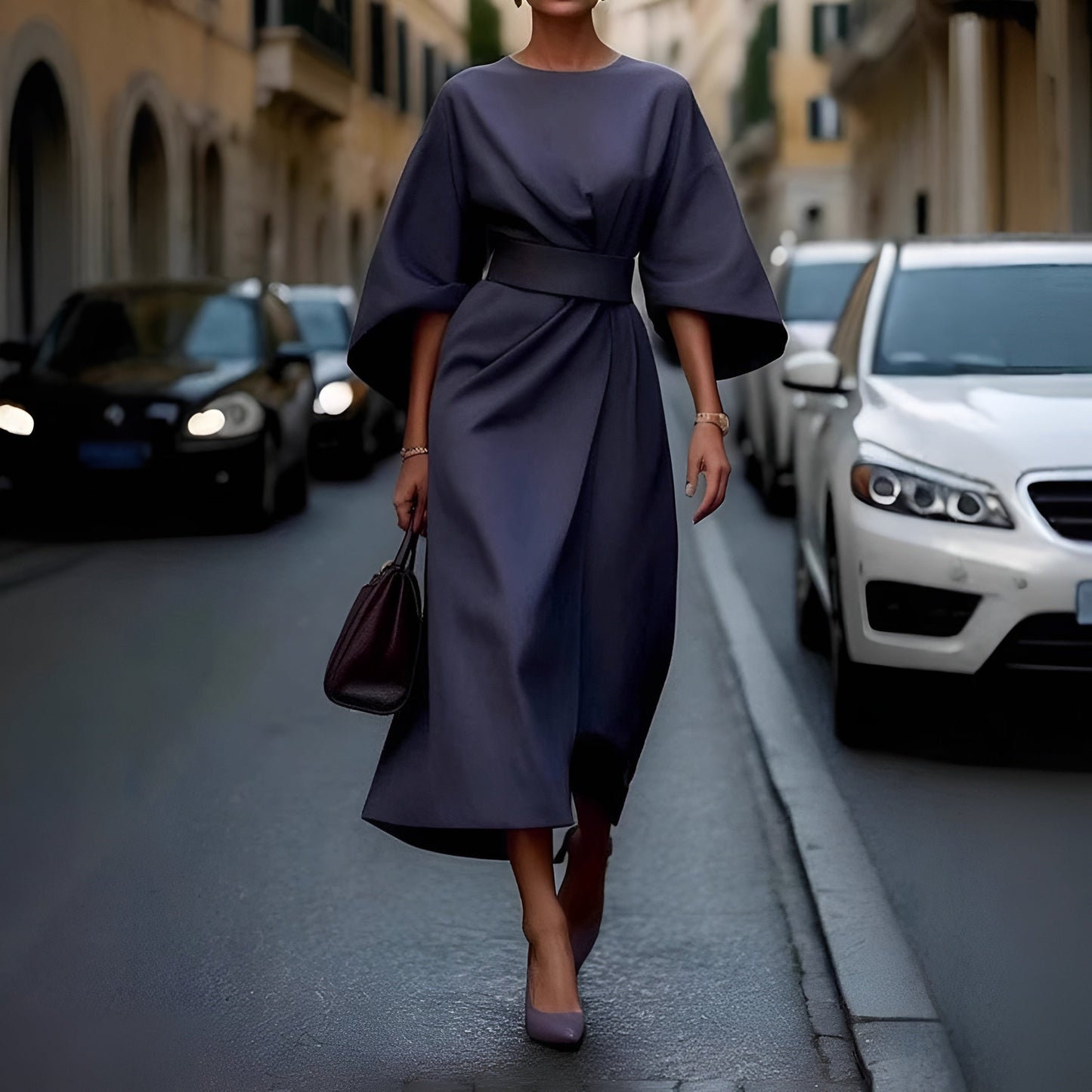 Feminine Flare Sleeve Waist Belted Midi Dress