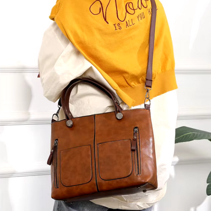 Women’s Leather Handbag Multi-Pocket Shoulder Bag Vintage Style