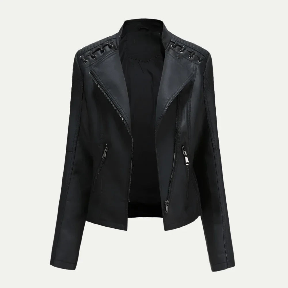 Women’s Leather Jacket – Asymmetric Zip & Quilted Shoulder Detail 0