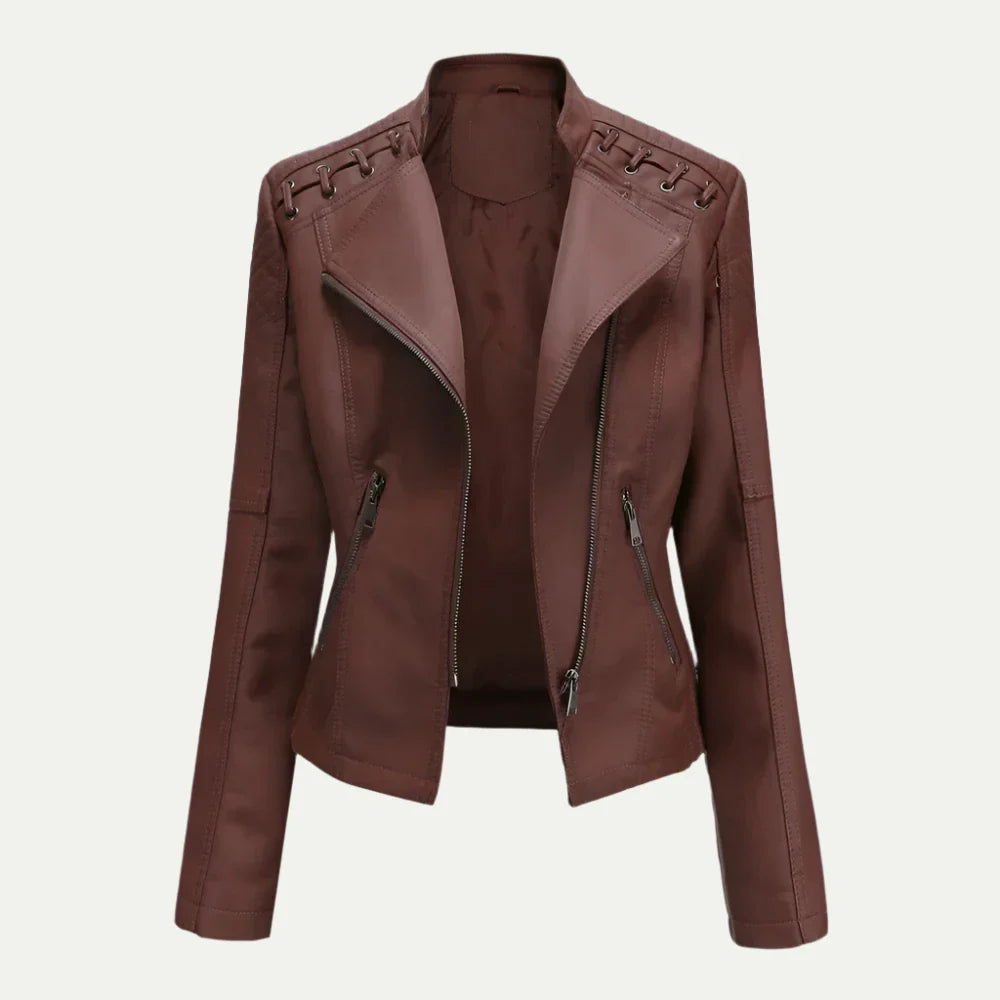 Women’s Leather Jacket – Asymmetric Zip & Quilted Shoulder Detail 1