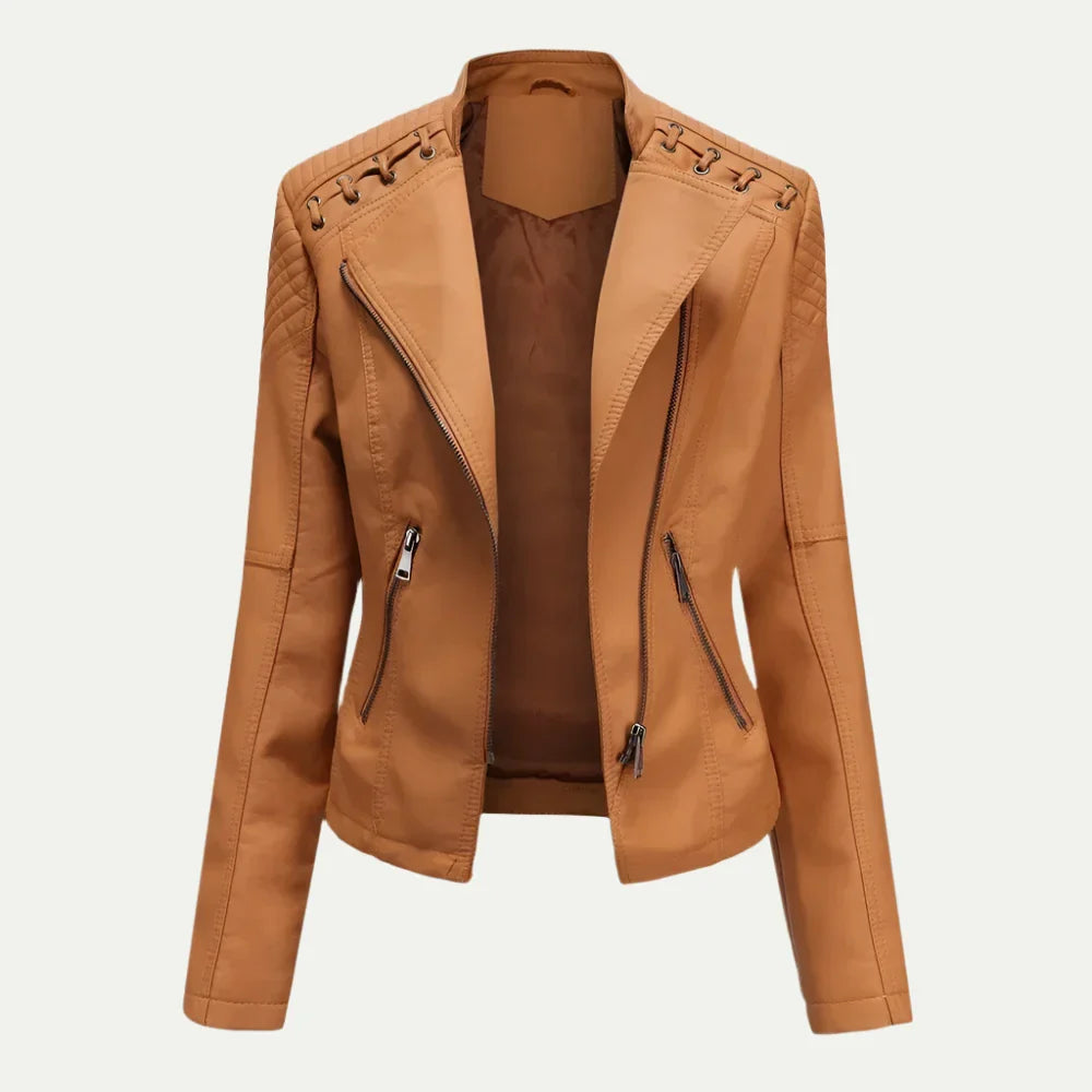 Women’s Leather Jacket – Asymmetric Zip & Quilted Shoulder Detail 2