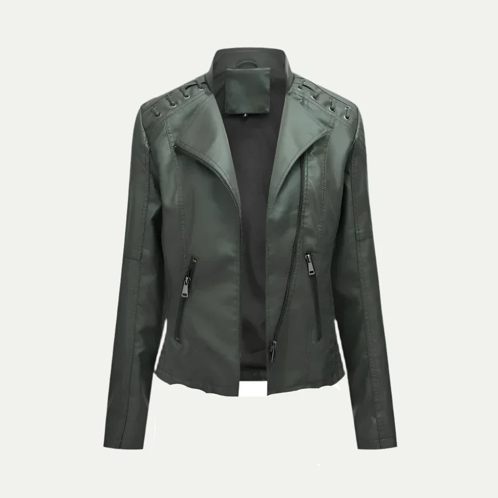 Women’s Leather Jacket – Asymmetric Zip & Quilted Shoulder Detail 7