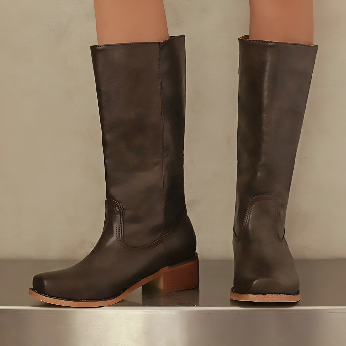 Ladies Tall Leather Block Heel Boots