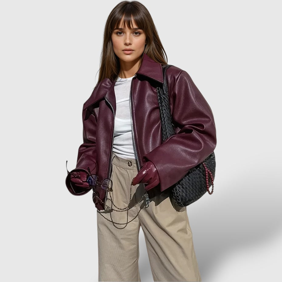 Women's Leather Zip-Up Jacket with Stand Collar