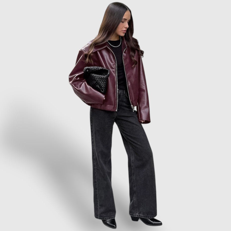 Women's Leather Zip-Up Jacket with Stand Collar