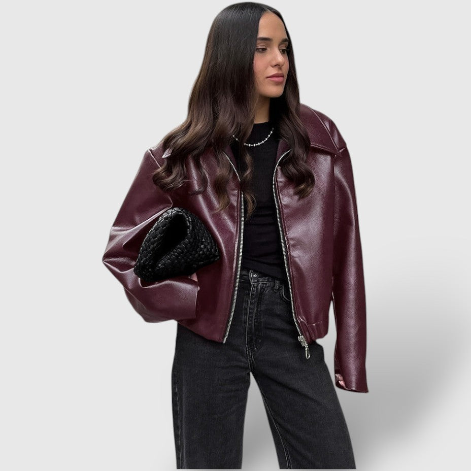 Women's Leather Zip-Up Jacket with Stand Collar