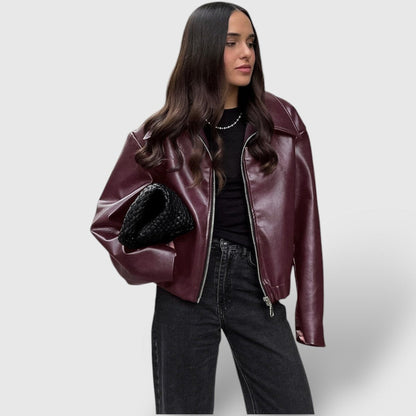 Women's Leather Zip-Up Jacket with Stand Collar