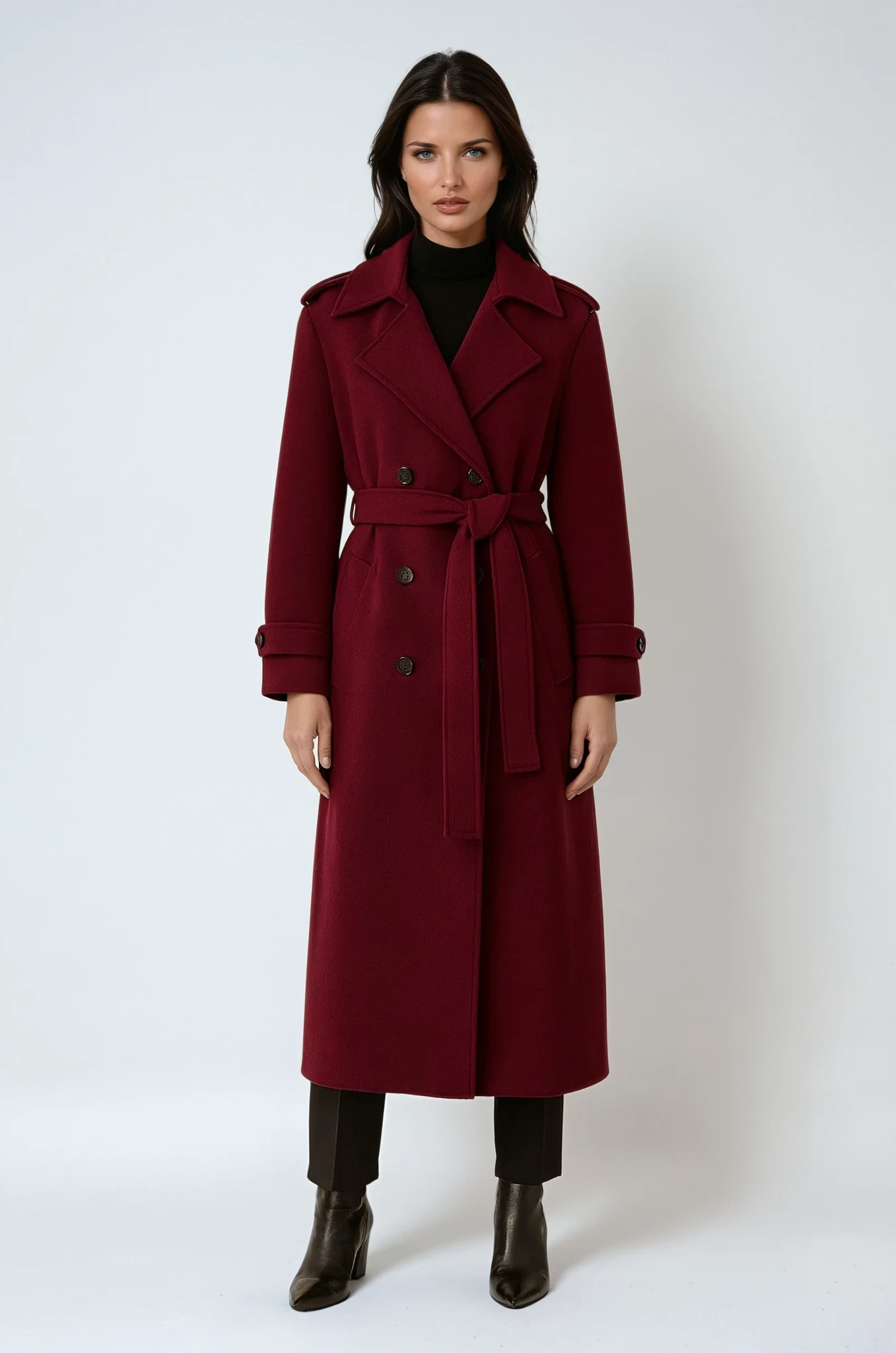 Women’s Long Burgundy Trench Coat – Double-Breasted Belted Maxi Style 0