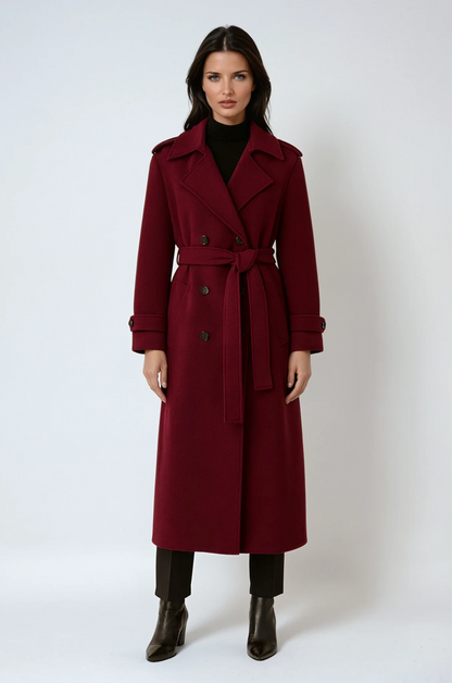 Women’s Long Burgundy Trench Coat – Double-Breasted Belted Maxi Style 0