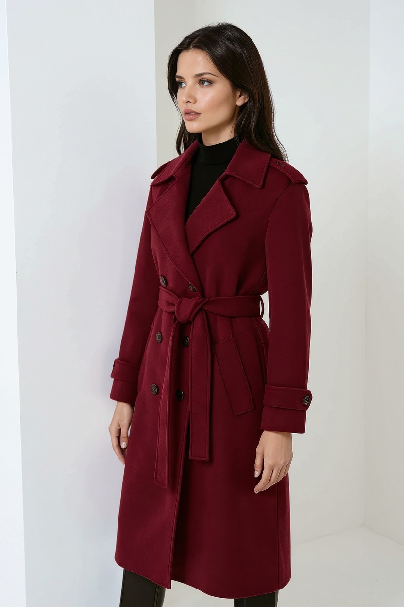 Women’s Long Burgundy Trench Coat – Double-Breasted Belted Maxi Style 1