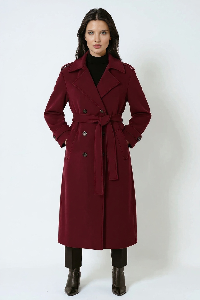 Women’s Long Burgundy Trench Coat – Double-Breasted Belted Maxi Style 2