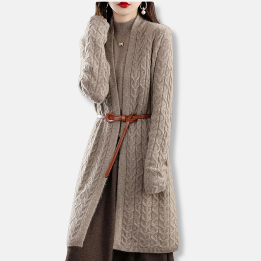 Women’s Long Cardigan – Wool Knit – Relaxed Fit – Cable Pattern – Belted Waist 0