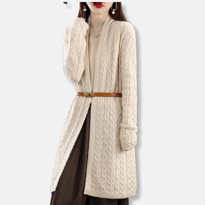 Women’s Long Cardigan – Wool Knit – Relaxed Fit – Cable Pattern – Belted Waist 2