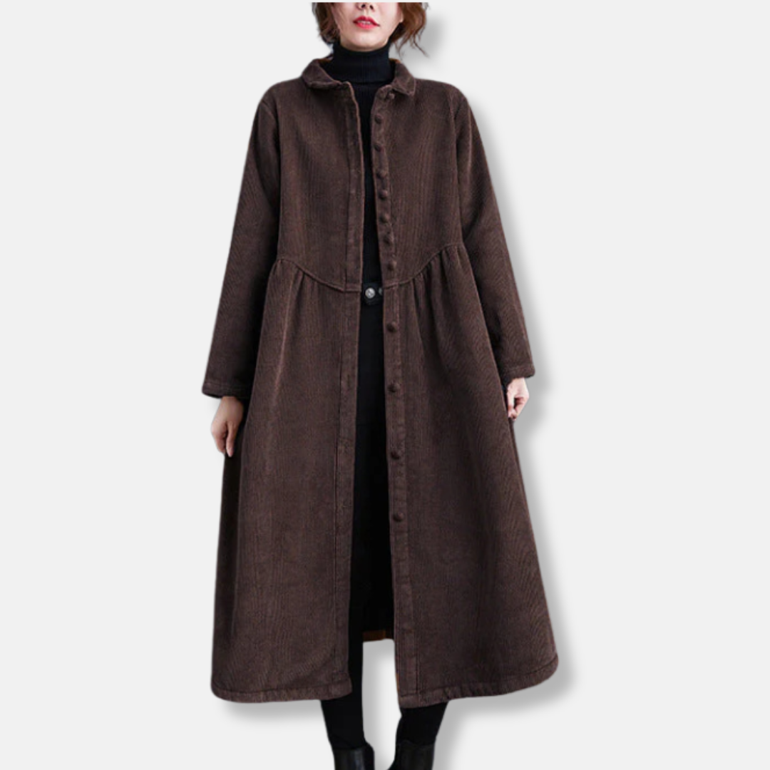 Women’s Long Coat – Corduroy A-Line – Loose Fit – High Neck – Button Front – Midi Length 1