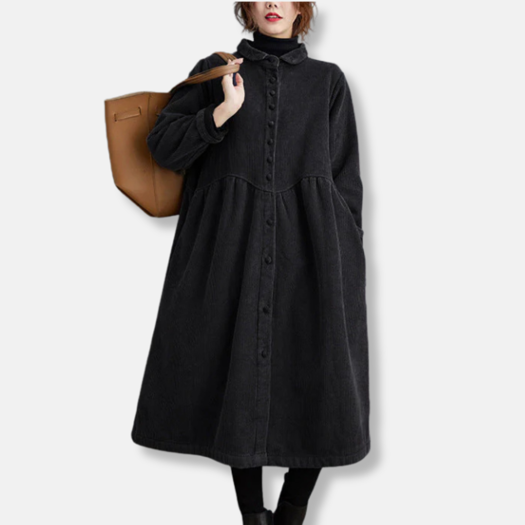 Women’s Long Coat – Corduroy A-Line – Loose Fit – High Neck – Button Front – Midi Length 2