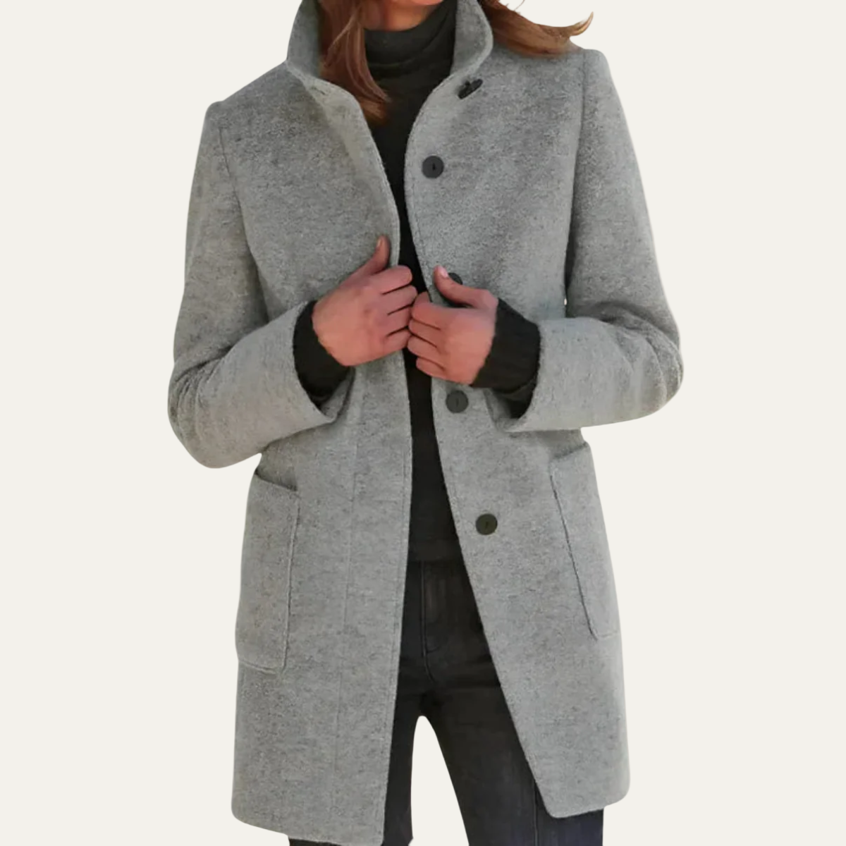 Women’s Long Coat – Grey, Single-Breasted, Stand Collar 0