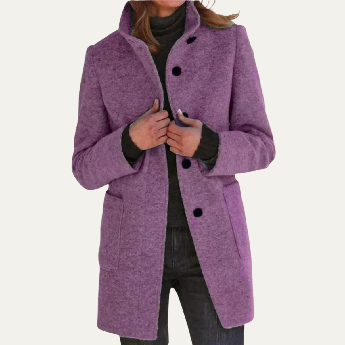 Women’s Long Coat – Grey, Single-Breasted, Stand Collar 2