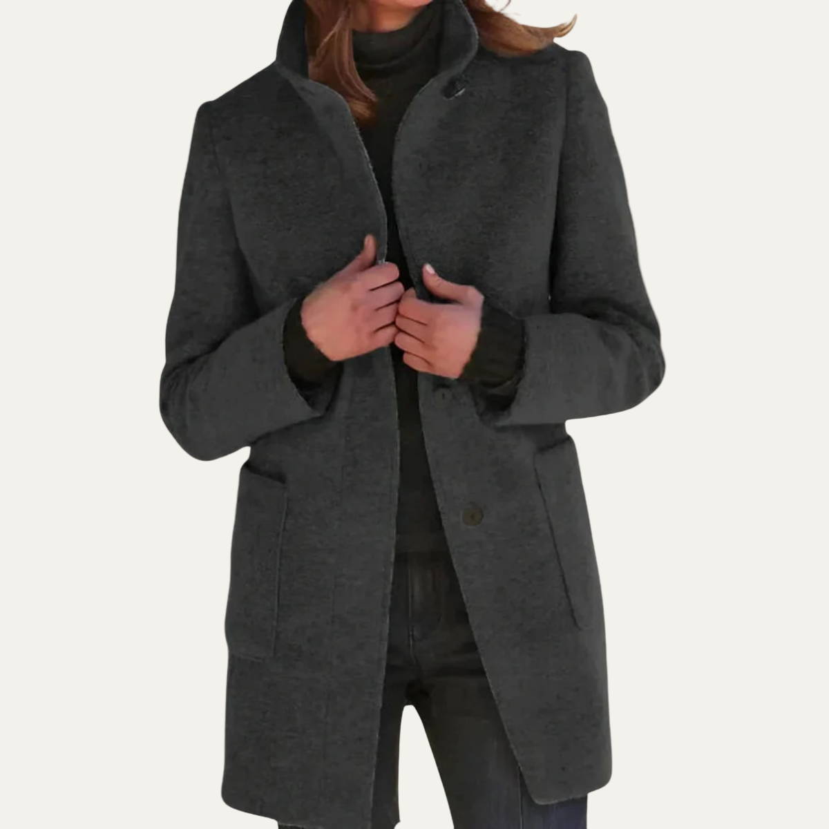 Women’s Long Coat – Grey, Single-Breasted, Stand Collar 3