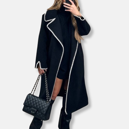 Women’s Long Coat – Oversized Fit – Wool Blend – Notched Lapels – Scalloped Trim 1