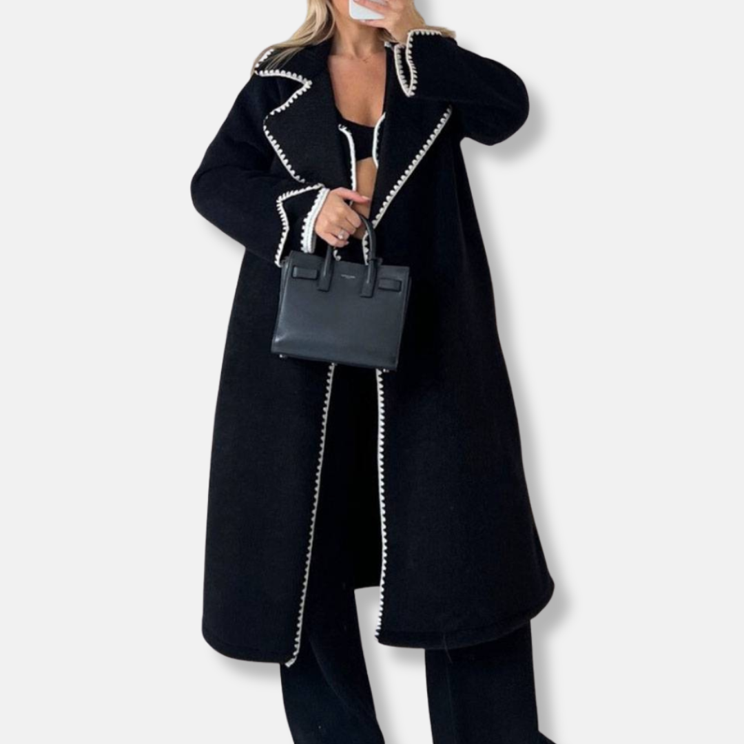 Women’s Long Coat – Oversized Fit – Wool Blend – Notched Lapels – Scalloped Trim 2