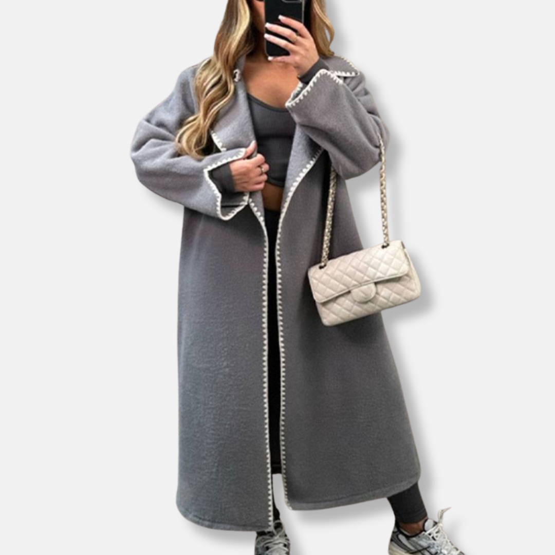 Women’s Long Coat – Oversized Fit – Wool Blend – Notched Lapels – Scalloped Trim 3