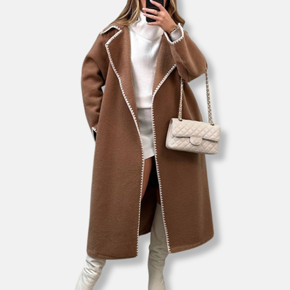 Women’s Long Coat – Oversized Fit – Wool Blend – Notched Lapels – Scalloped Trim 4
