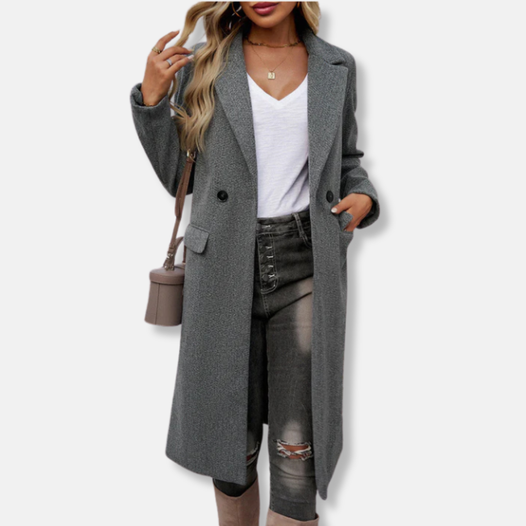 Women’s Long Coat – Wool Blend – Relaxed Fit – Double Breasted – Notched Lapel 0