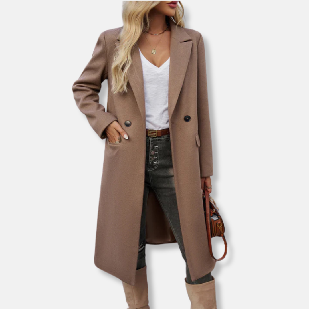 Women’s Long Coat – Wool Blend – Relaxed Fit – Double Breasted – Notched Lapel 1