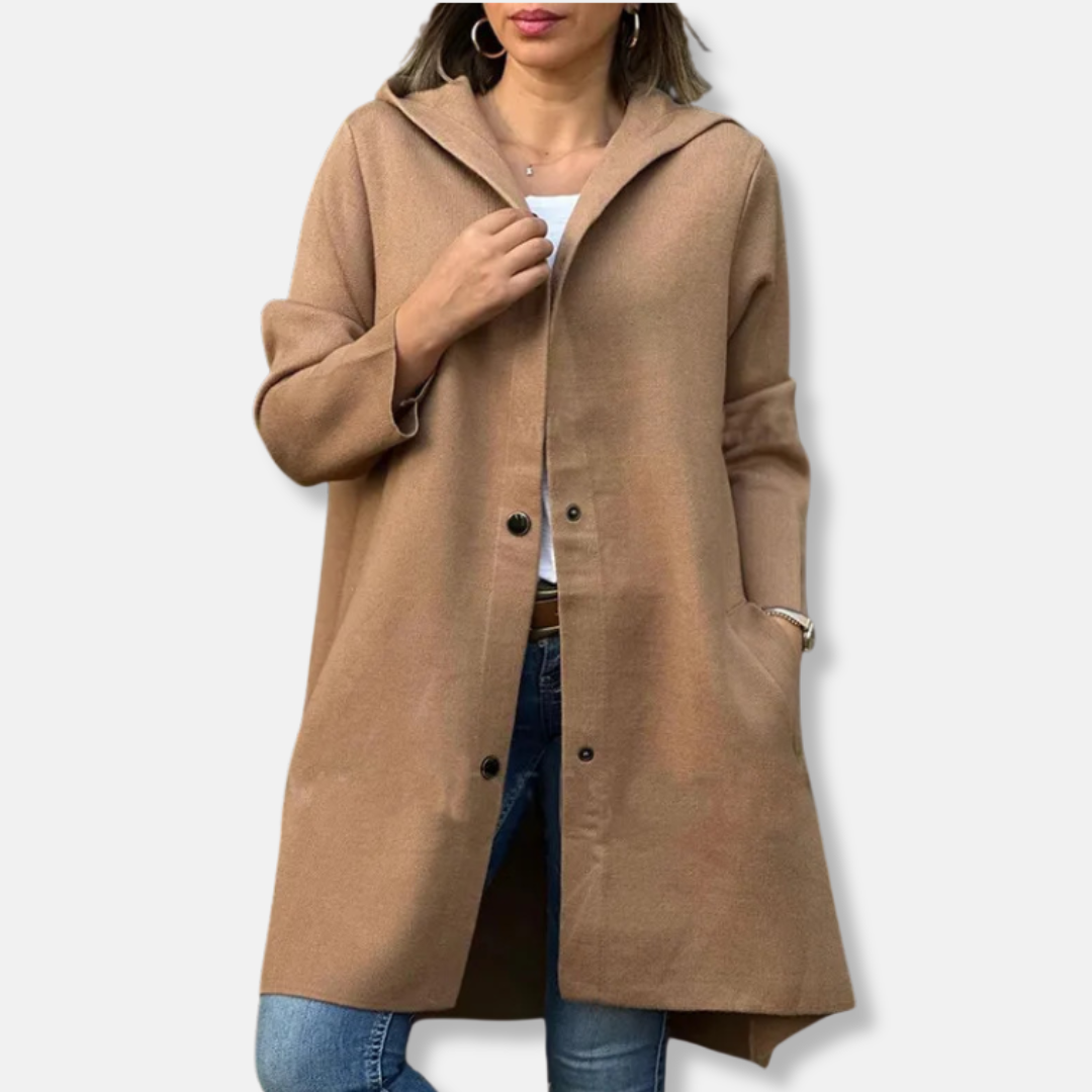 Women’s Long Coat – Wool Blend – Relaxed Fit – Hooded – Snap Button – Mid-Thigh Length 2