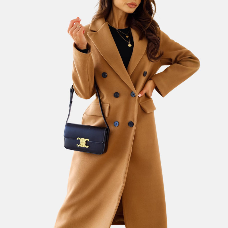 Women’s Long Coat – Wool Blend – Tailored Fit – Double-Breasted – Formal Style 0